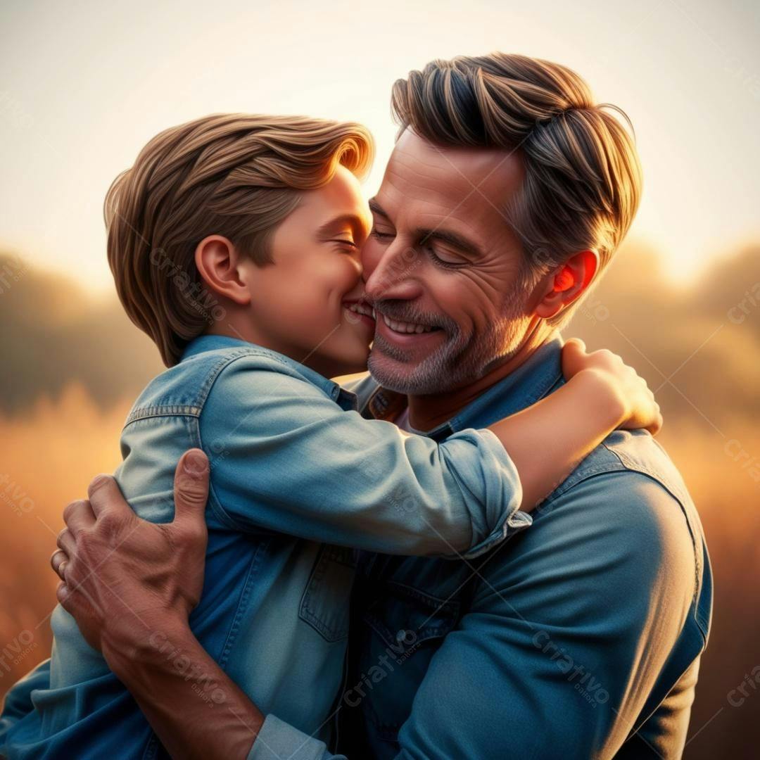 Pai e filho se abraçando ao entardecer