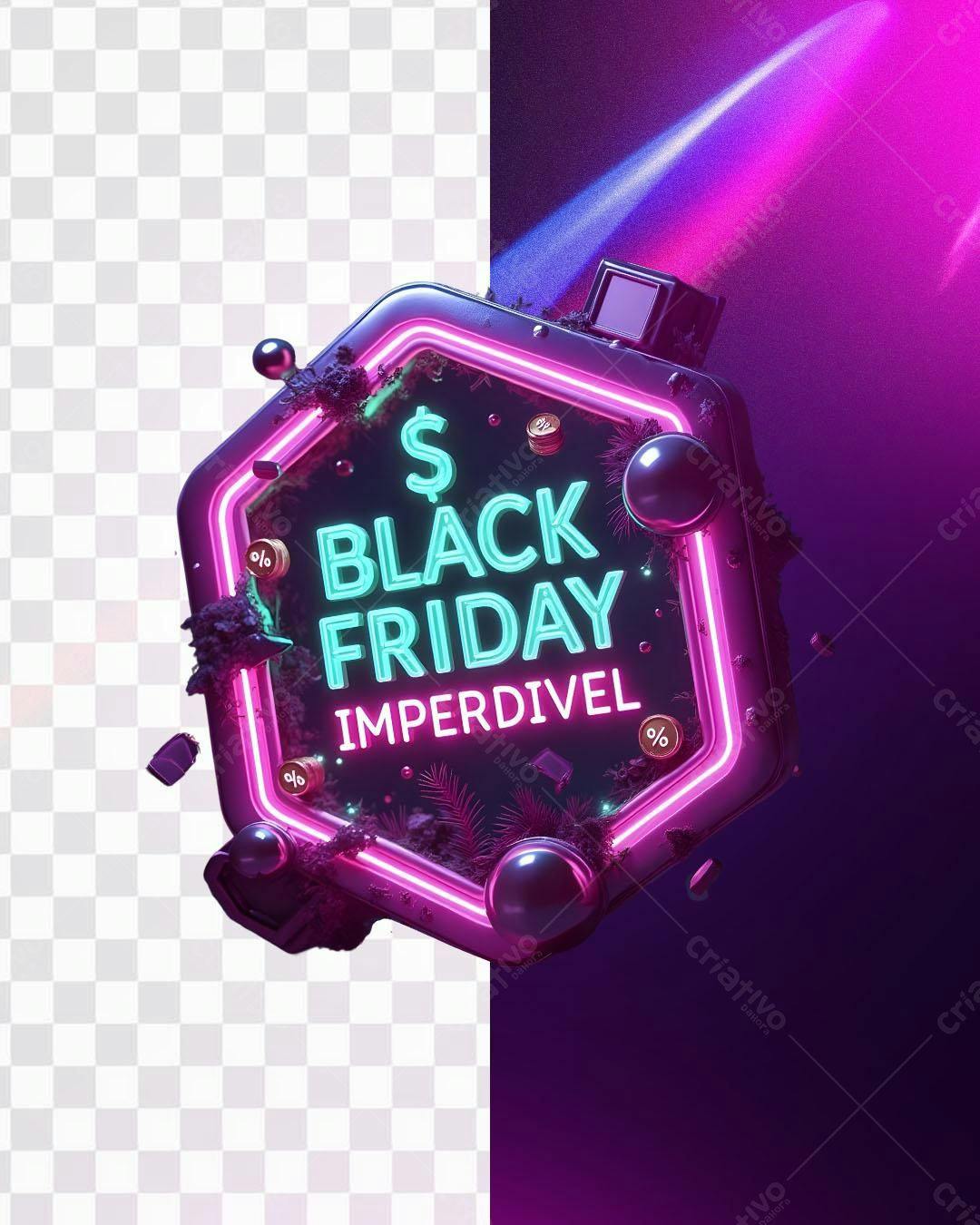 Selo 3D promocional Black Friday neon roxo e azul