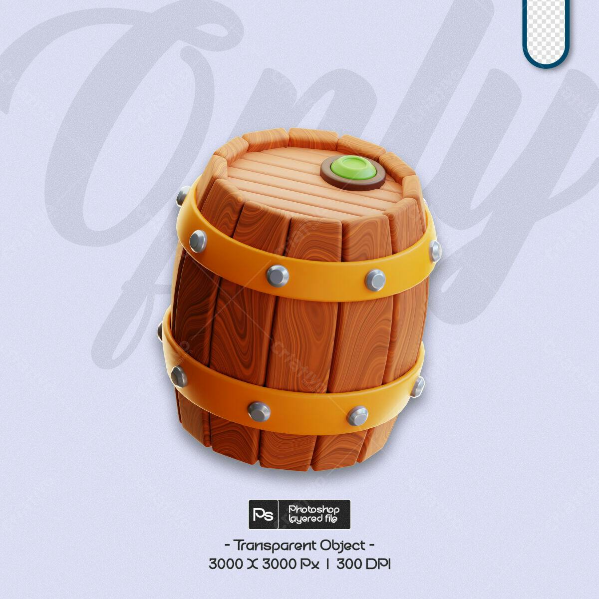 Objeto 3D Barril de Madeira PSD Editável