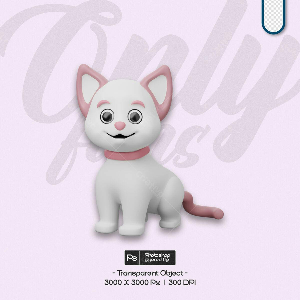 PSD Gatinho 3D Rosa e Branco para Artes Digitais Editável