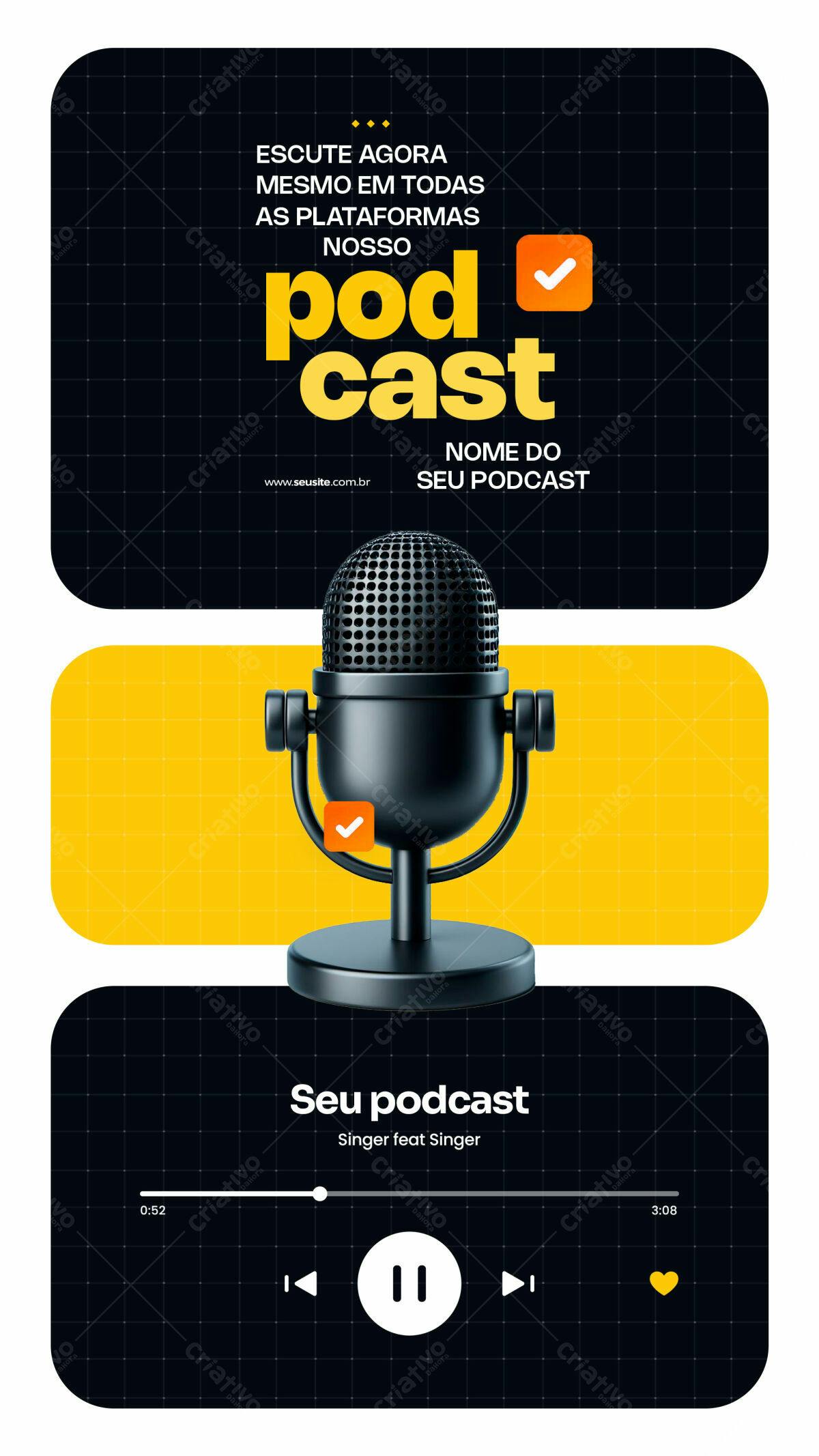 Banner Podcast Preto e Amarelo PSD Editável