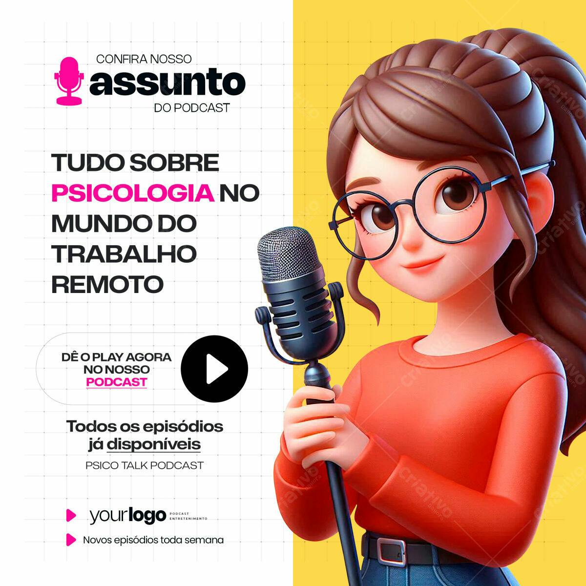Arte para Podcast de Psicologia no Trabalho Remoto PSD Editável
