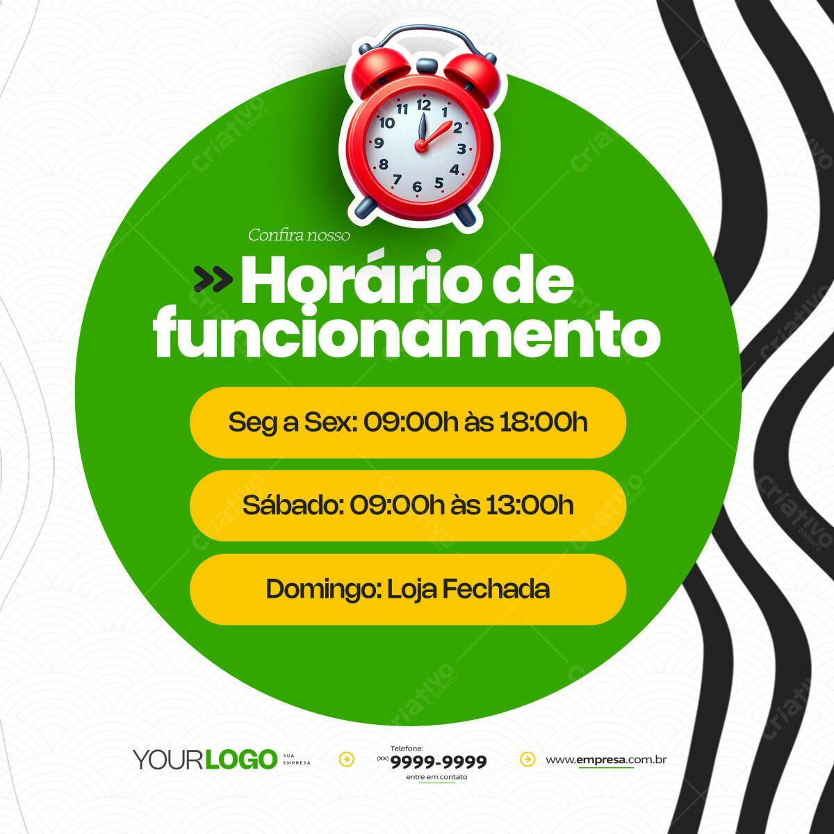 Post para Redes Sociais Horário de Funcionamento PSD Editável
