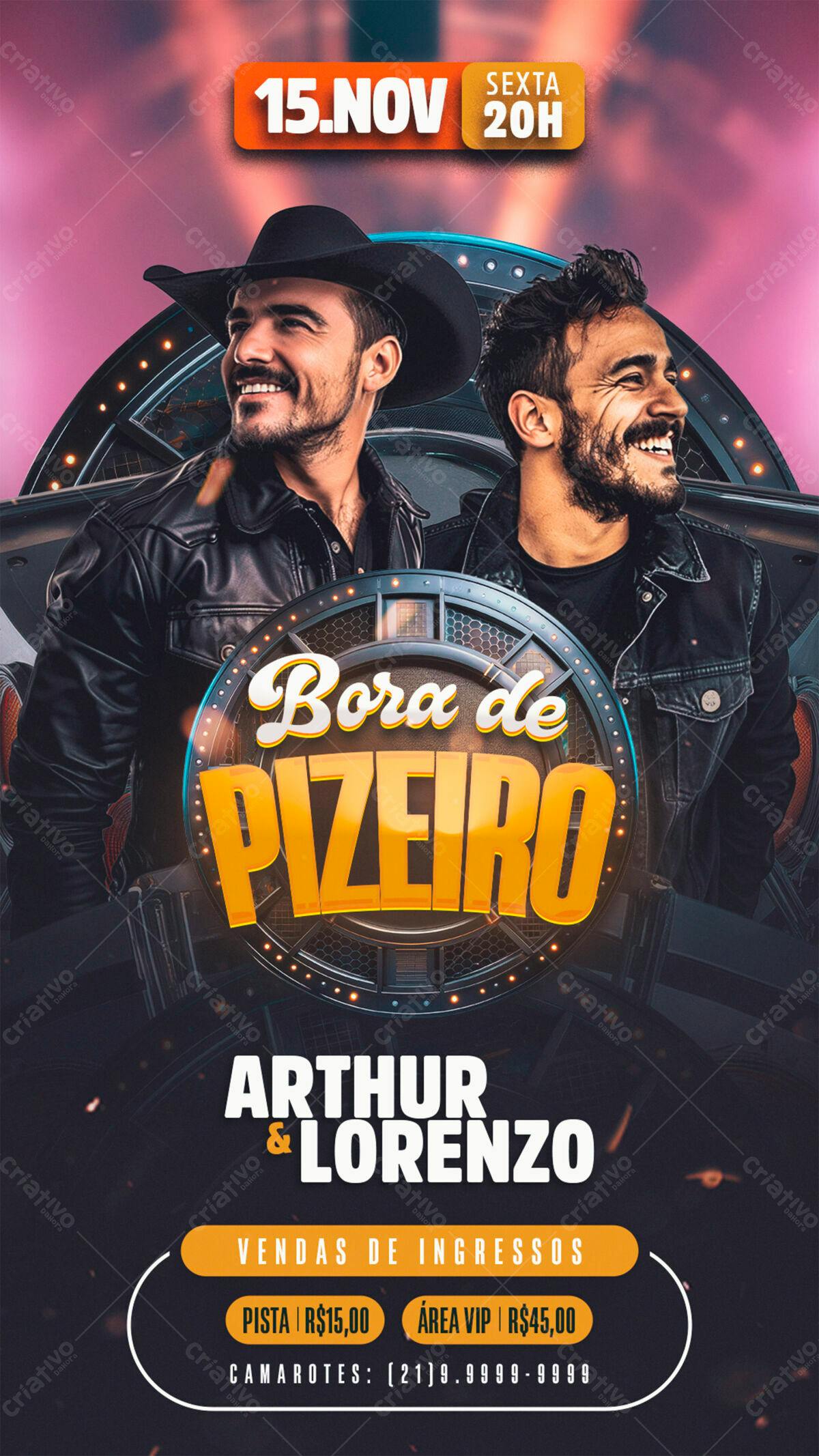 Flyer para Show Arthur & Lorenzo - Bora de Pizeiro PSD Editável