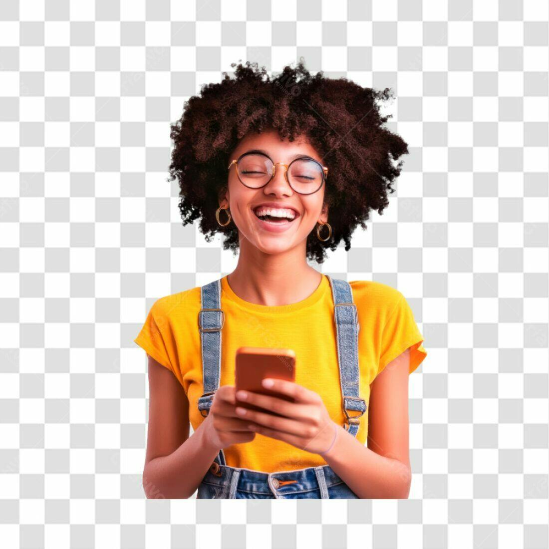 Icone Mulher Negra Alegre com Celular PNG com fundo transparente