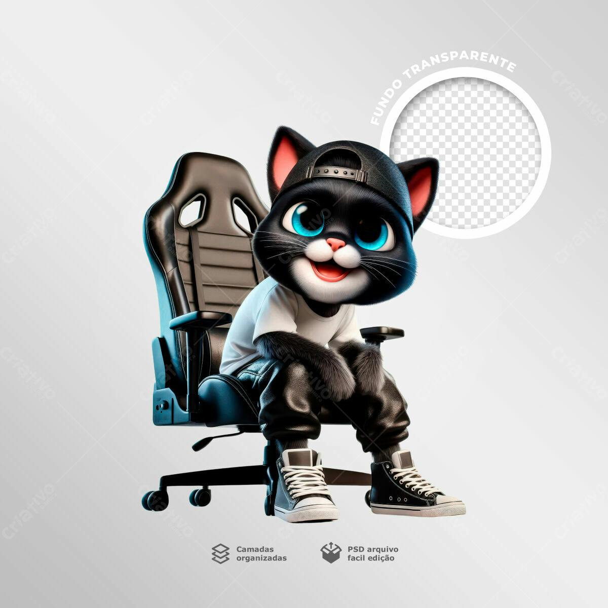 Modelo de Personagem Gato Gamer PSD Editável