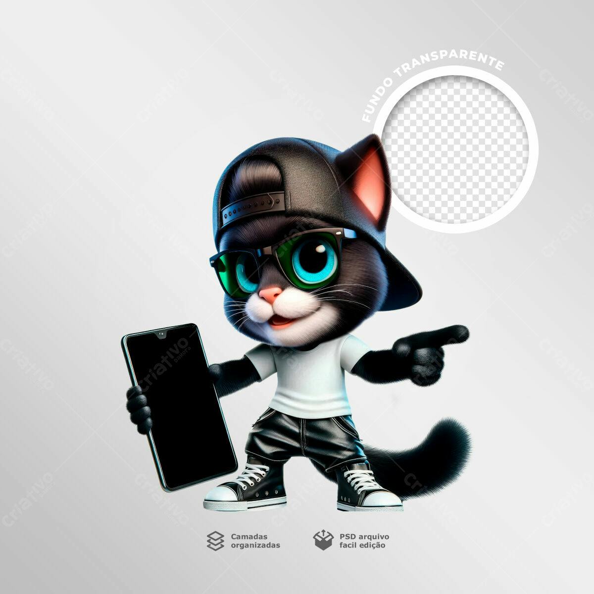 Mockup Gatinho Estiloso com Smartphone PSD Editável