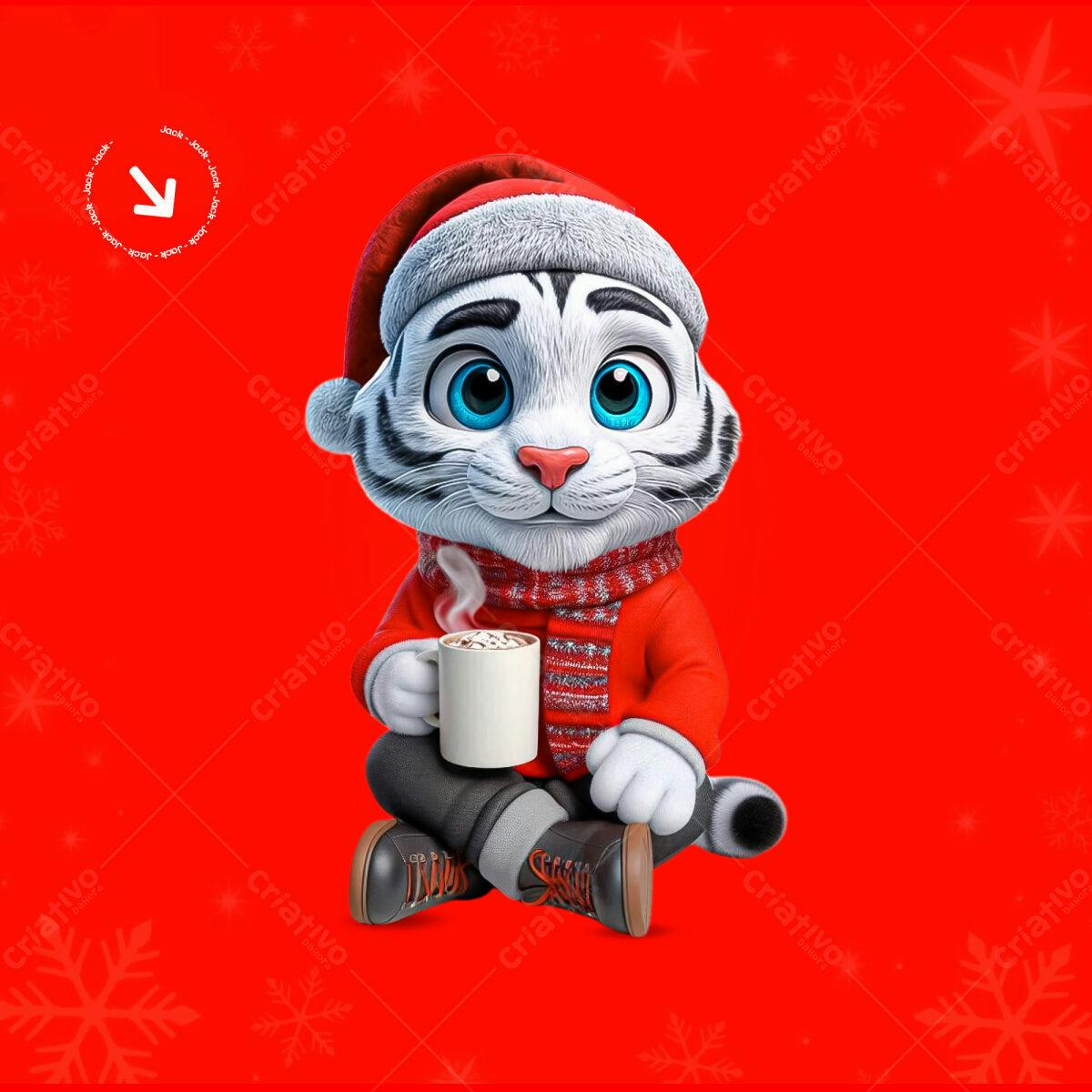 Imagem Natalina Tigrinho Bebendo Chocolate Quente PSD Editável