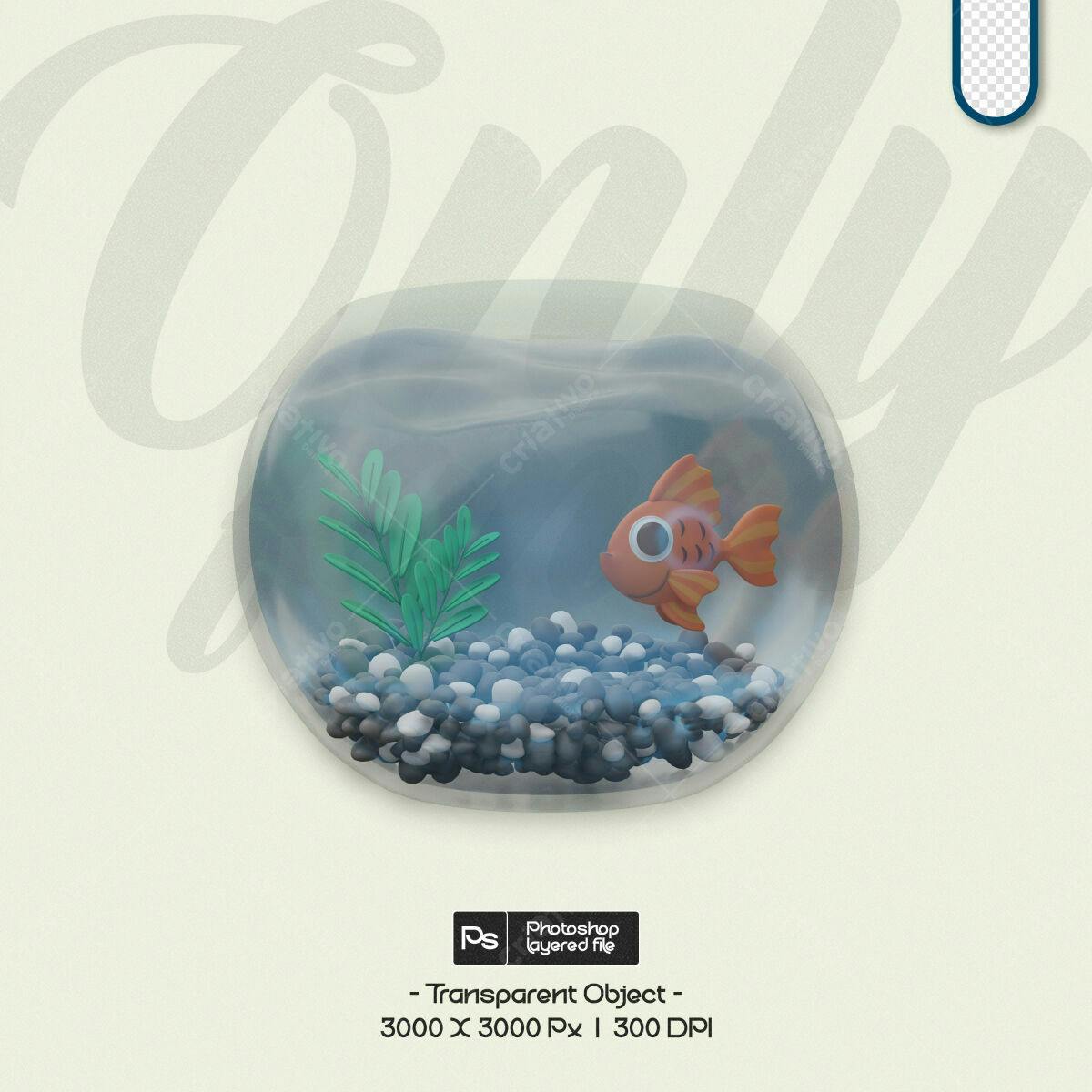 Objeto 3D Peixe Beta em Aquário PSD Editável