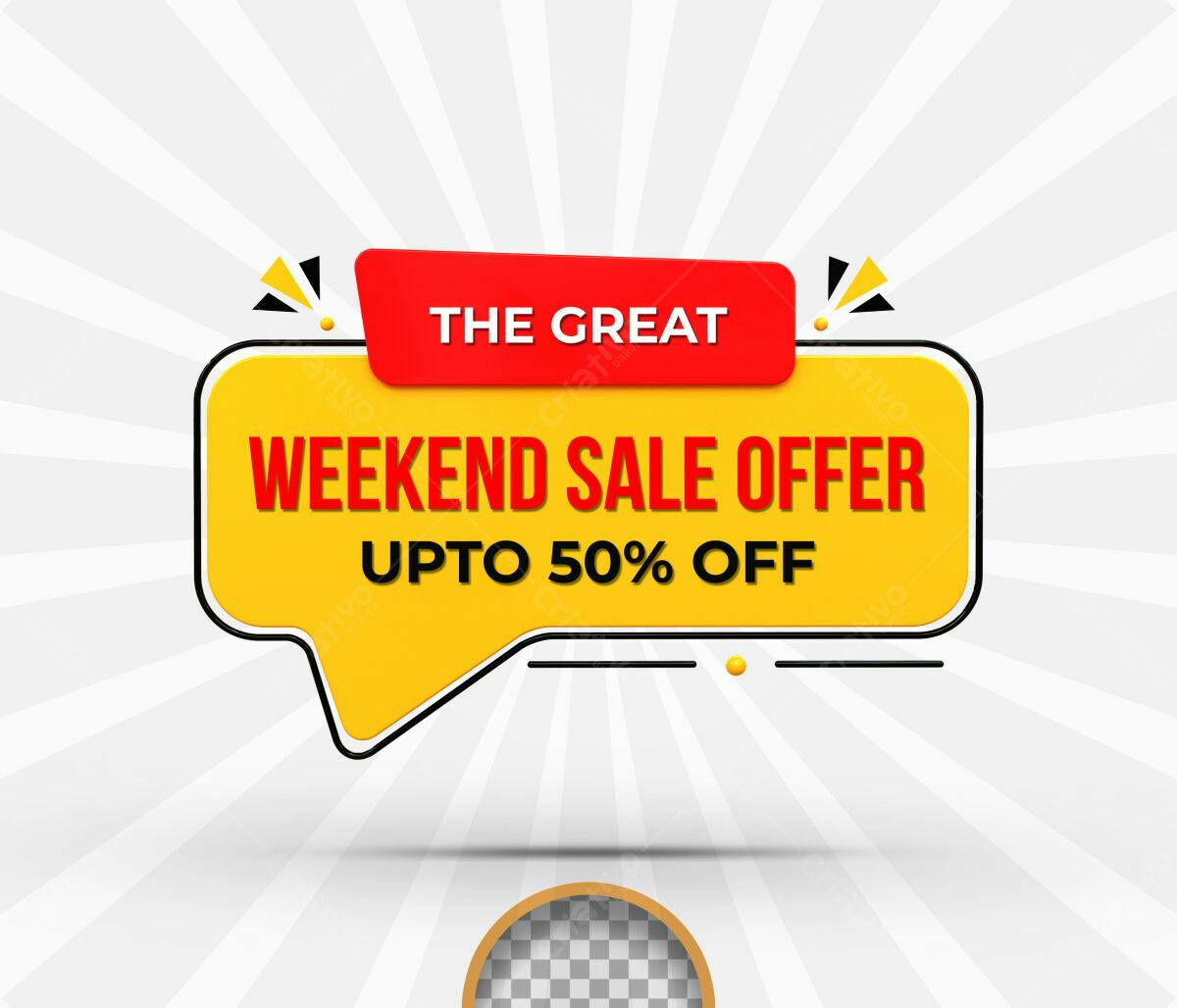 Selo 3D promocional amarelo e vermelho Weekend Sale