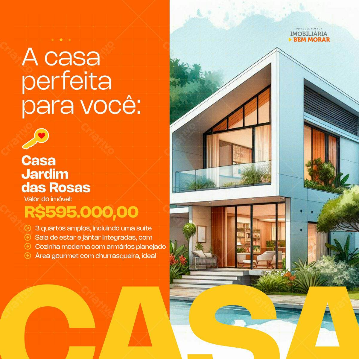 Flyer Imobiliário Casa Jardim das Rosas PSD Editável