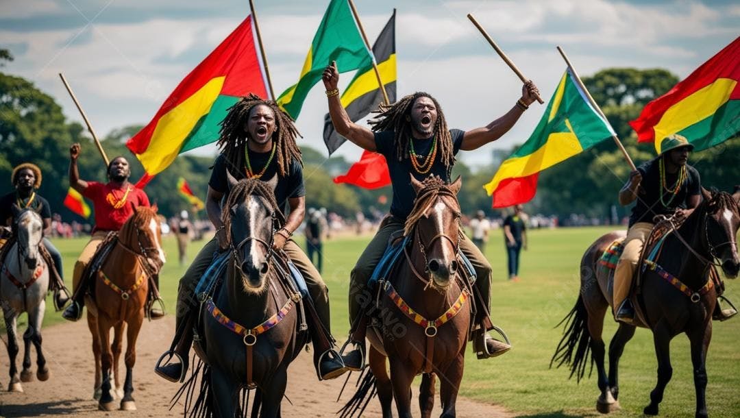 Homens negros a cavalo com bandeiras africanas