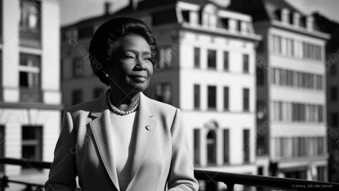 Mulher negra em terno elegante em cidade europeia