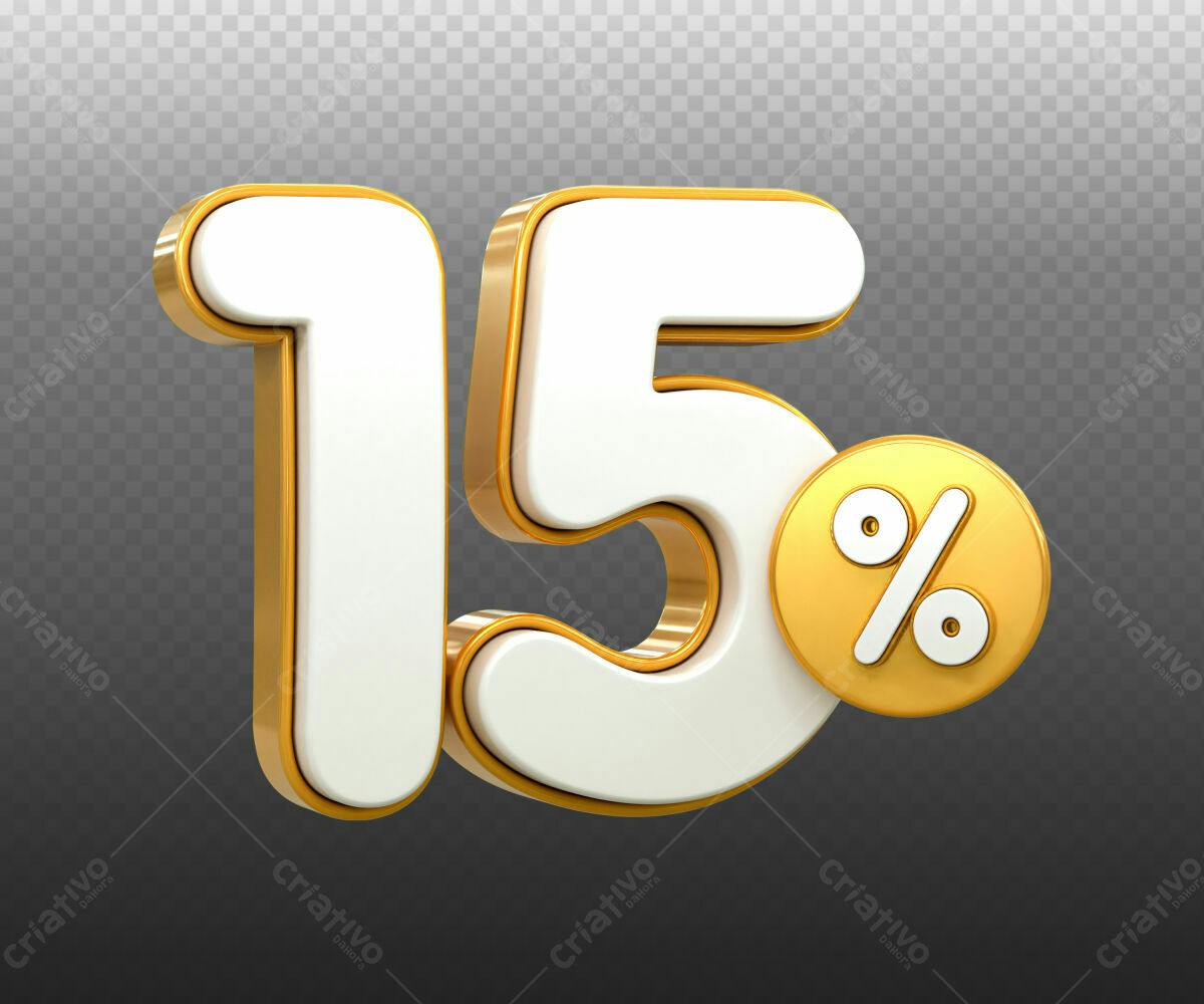 Selo 3D promocional dourado e branco 15%