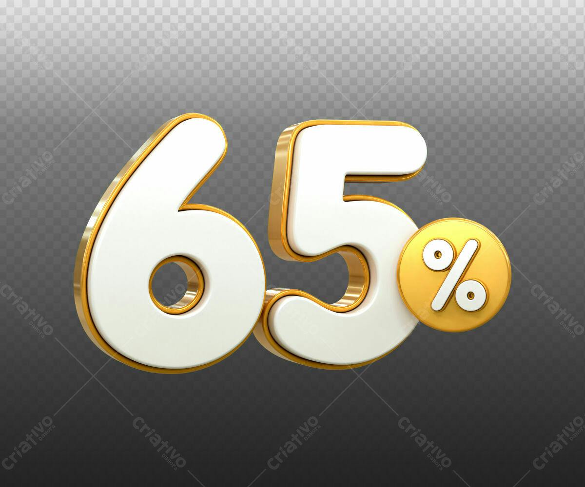 Selo 3D promocional dourado e branco 65%