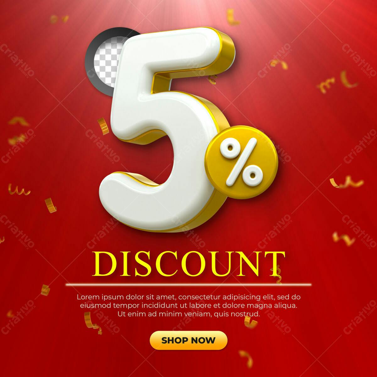 Selo 3D promocional dourado e branco 5%