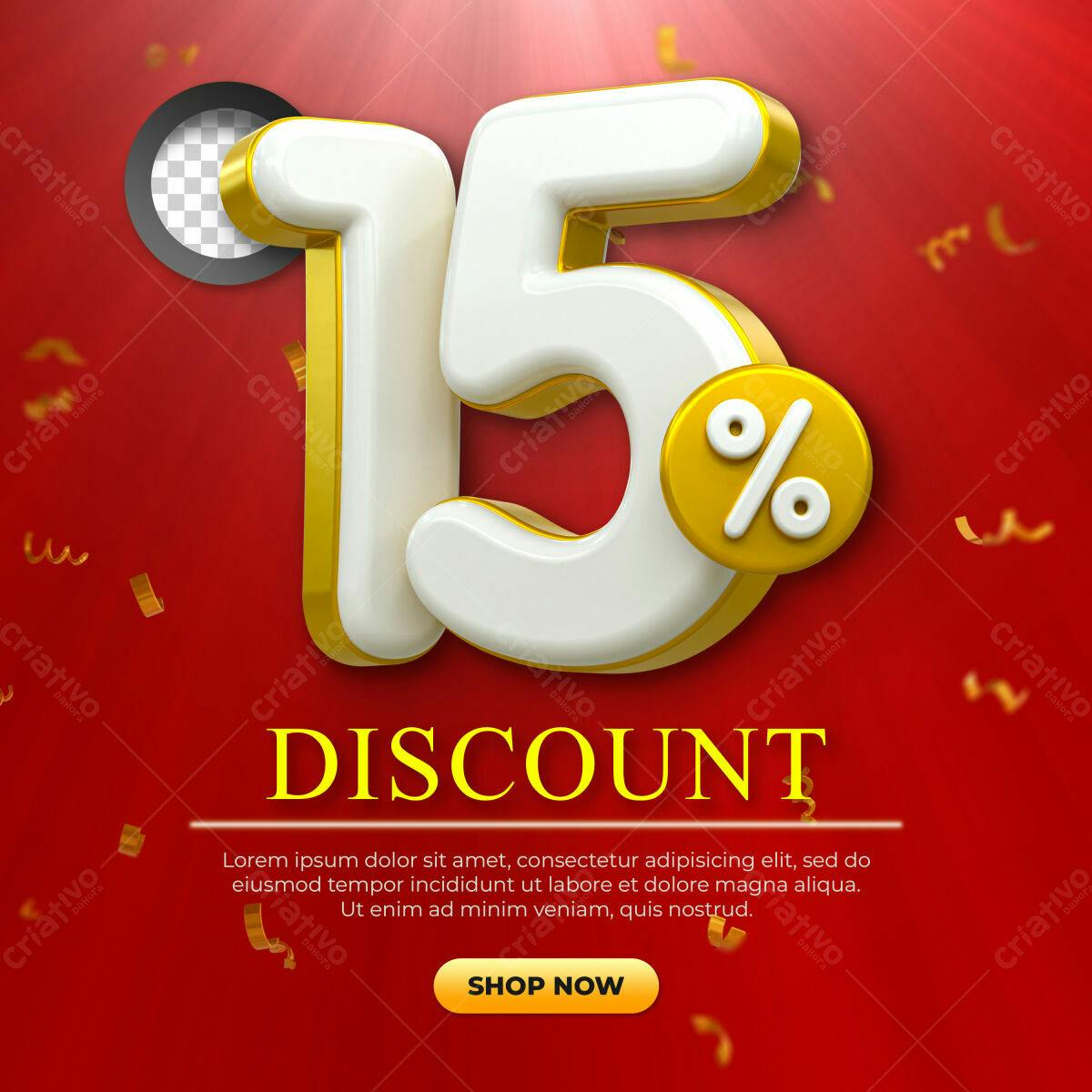 Selo 3D promocional 15% desconto branco e dourado