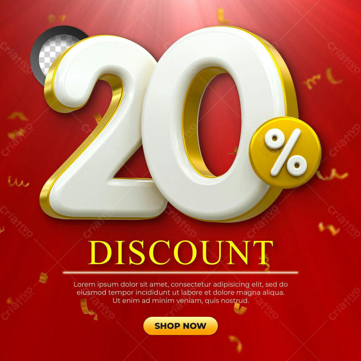 Selo 3D promocional desconto branco e dourado