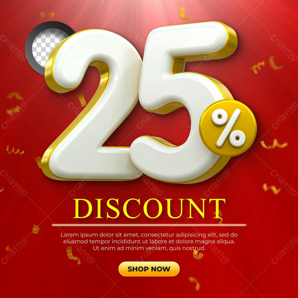 Selo 3D promocional dourado e branco 25%