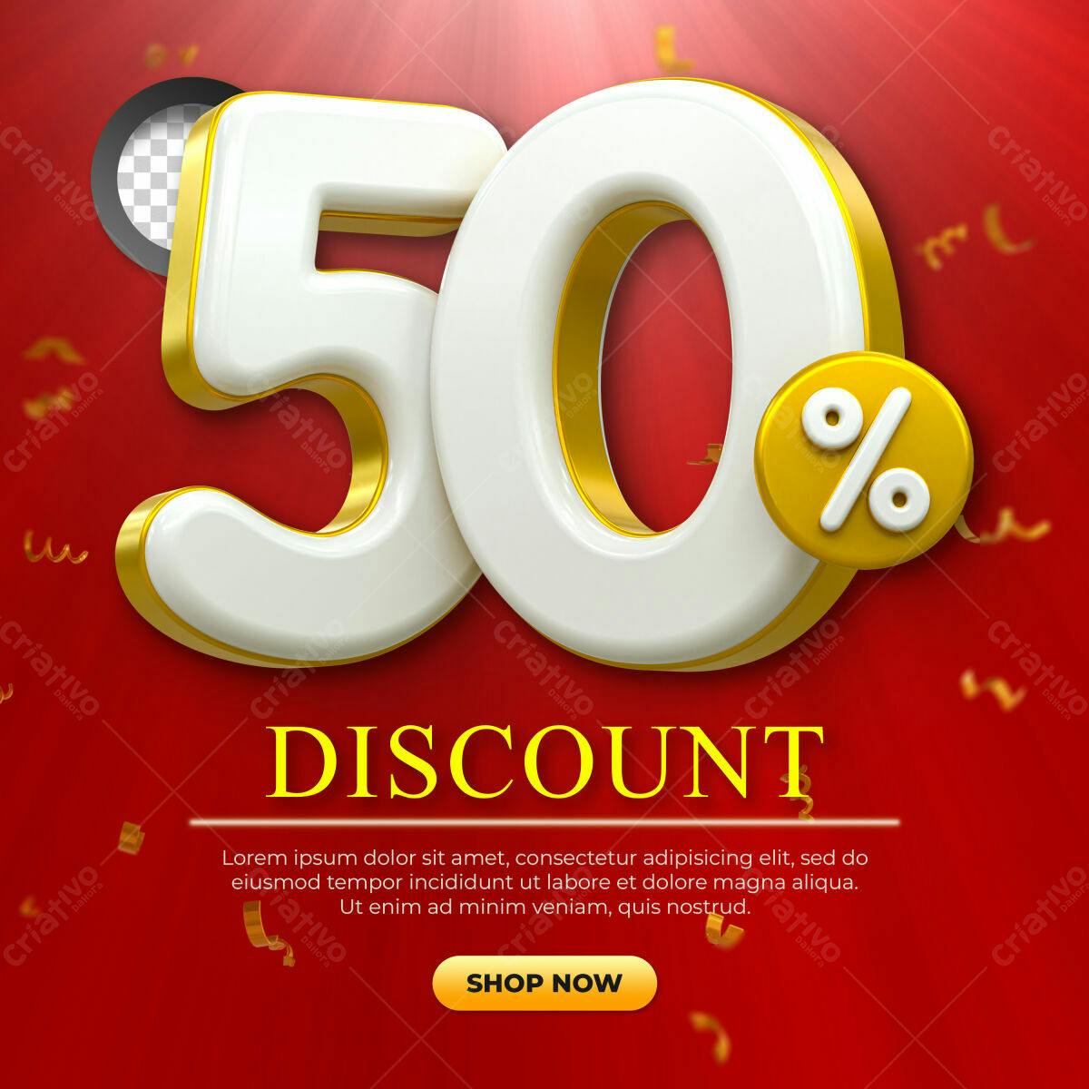 Selo 3D promocional branco e dourado 50%