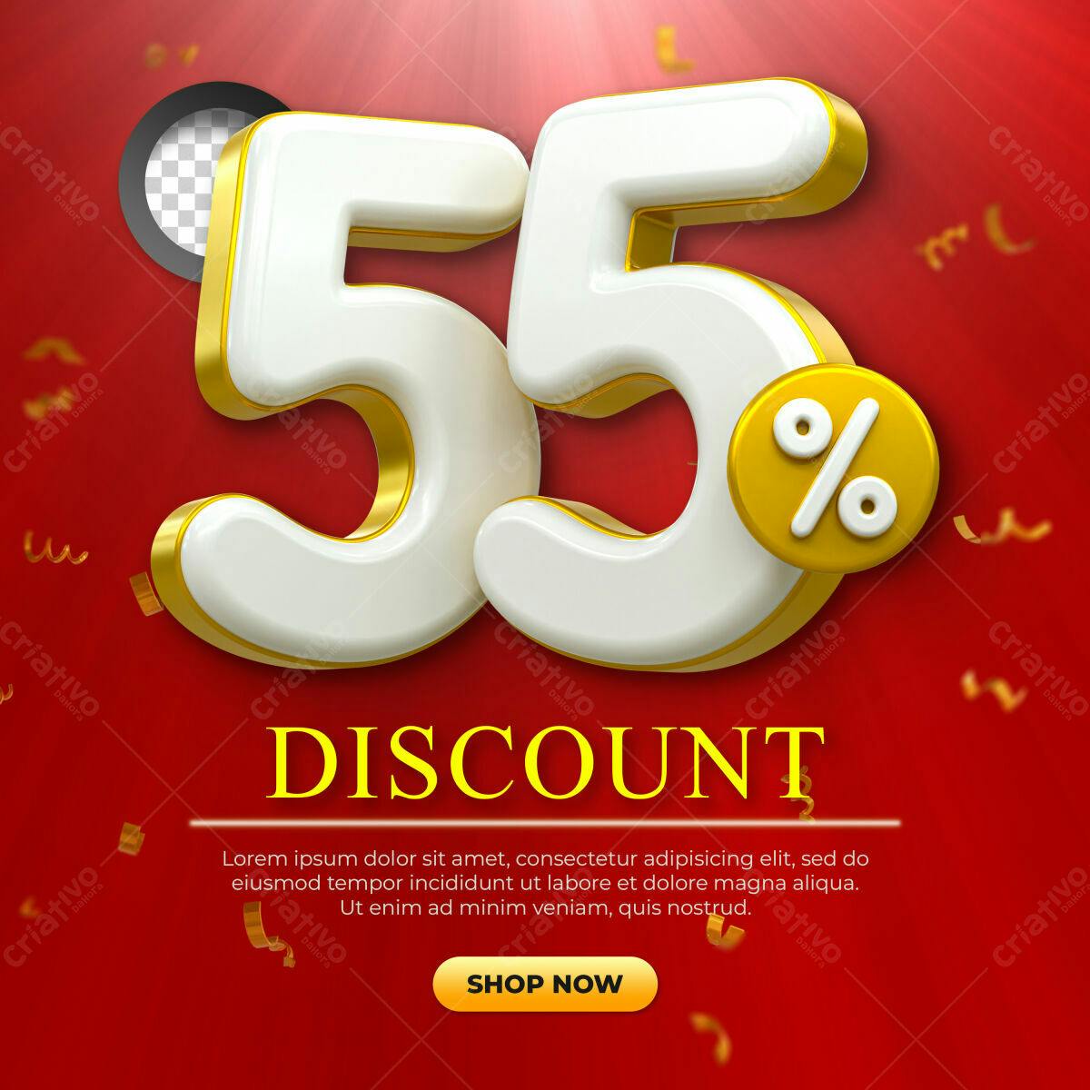 Selo 3D promocional branco e dourado 55%
