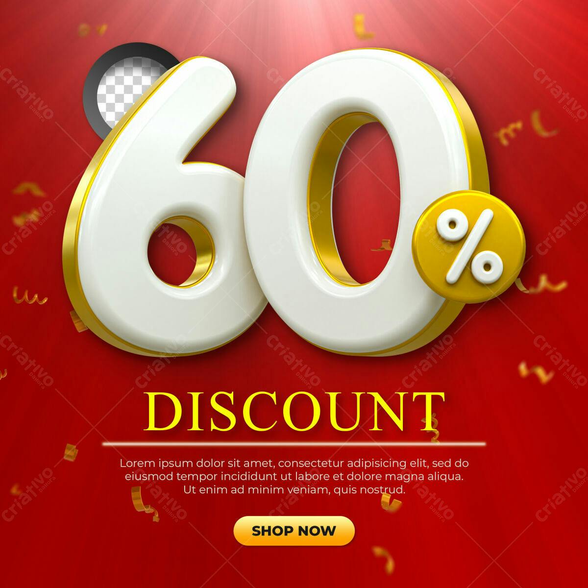 Selo 3D promocional 60% desconto branco e dourado