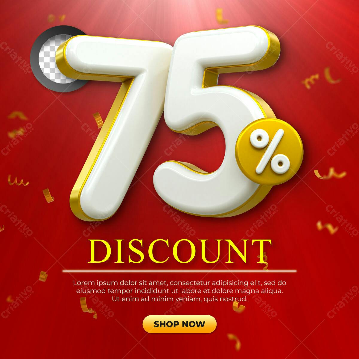 Selo 3D promocional branco e dourado 75%