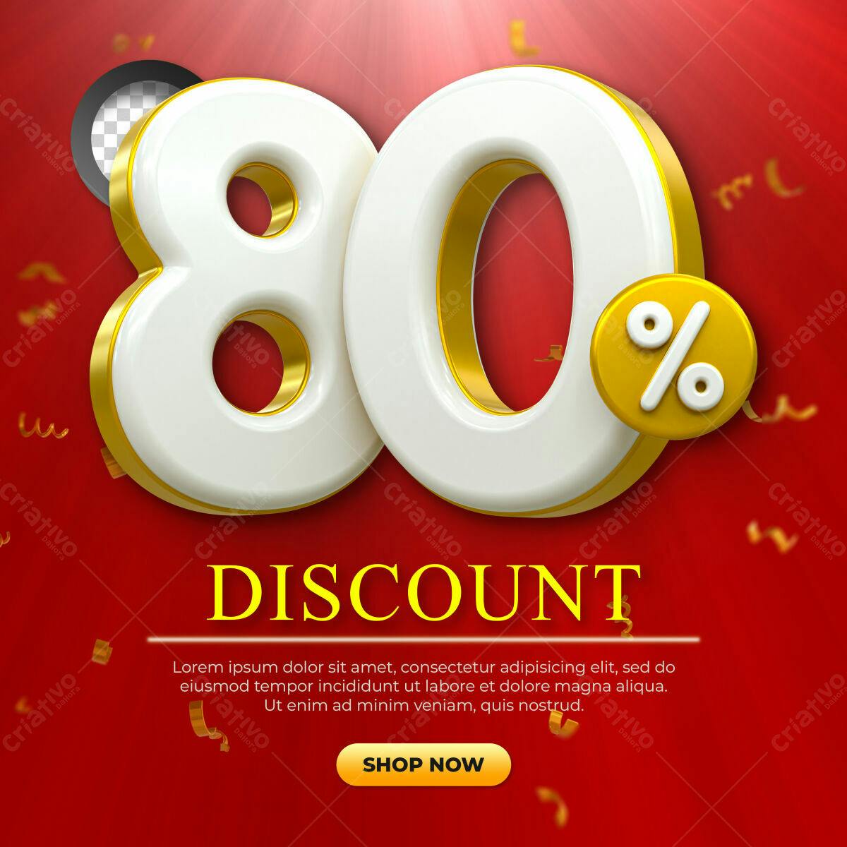 Selo 3D promocional 80% desconto branco e dourado