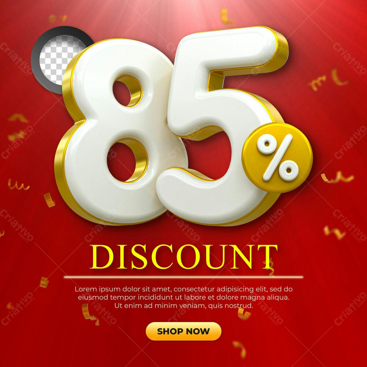 Selo 3D promocional dourado e branco 85%