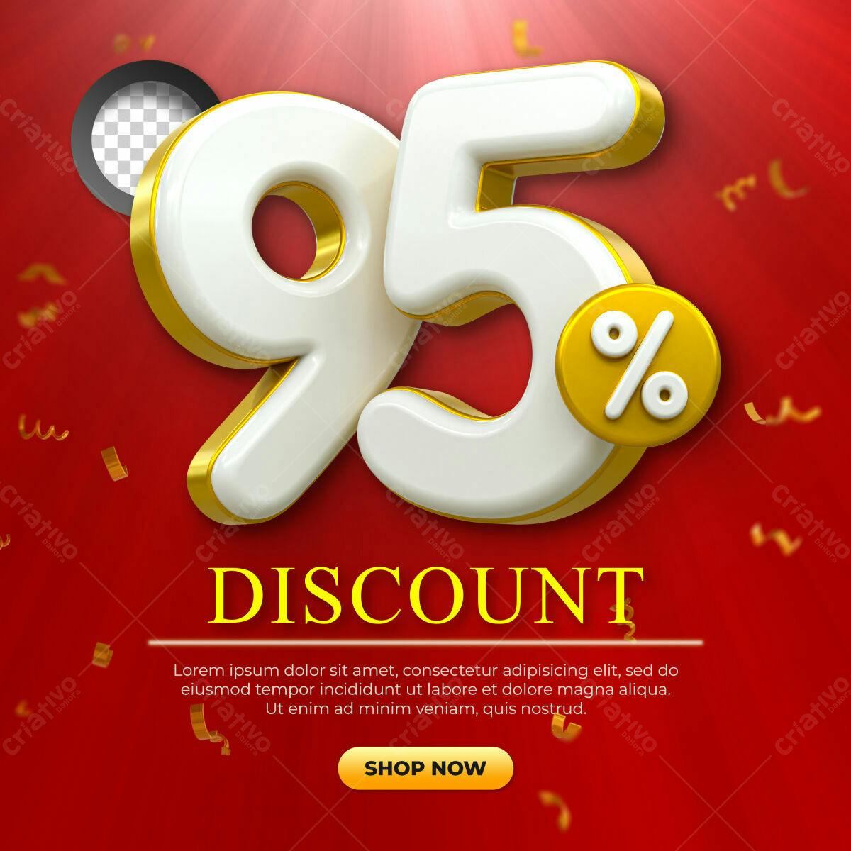 Selo 3D promocional 95% desconto branco e dourado
