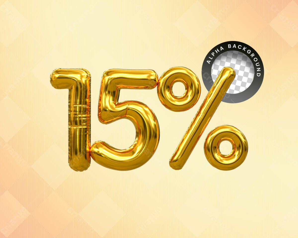 Selo 3D promocional dourado em formato de balão 15%