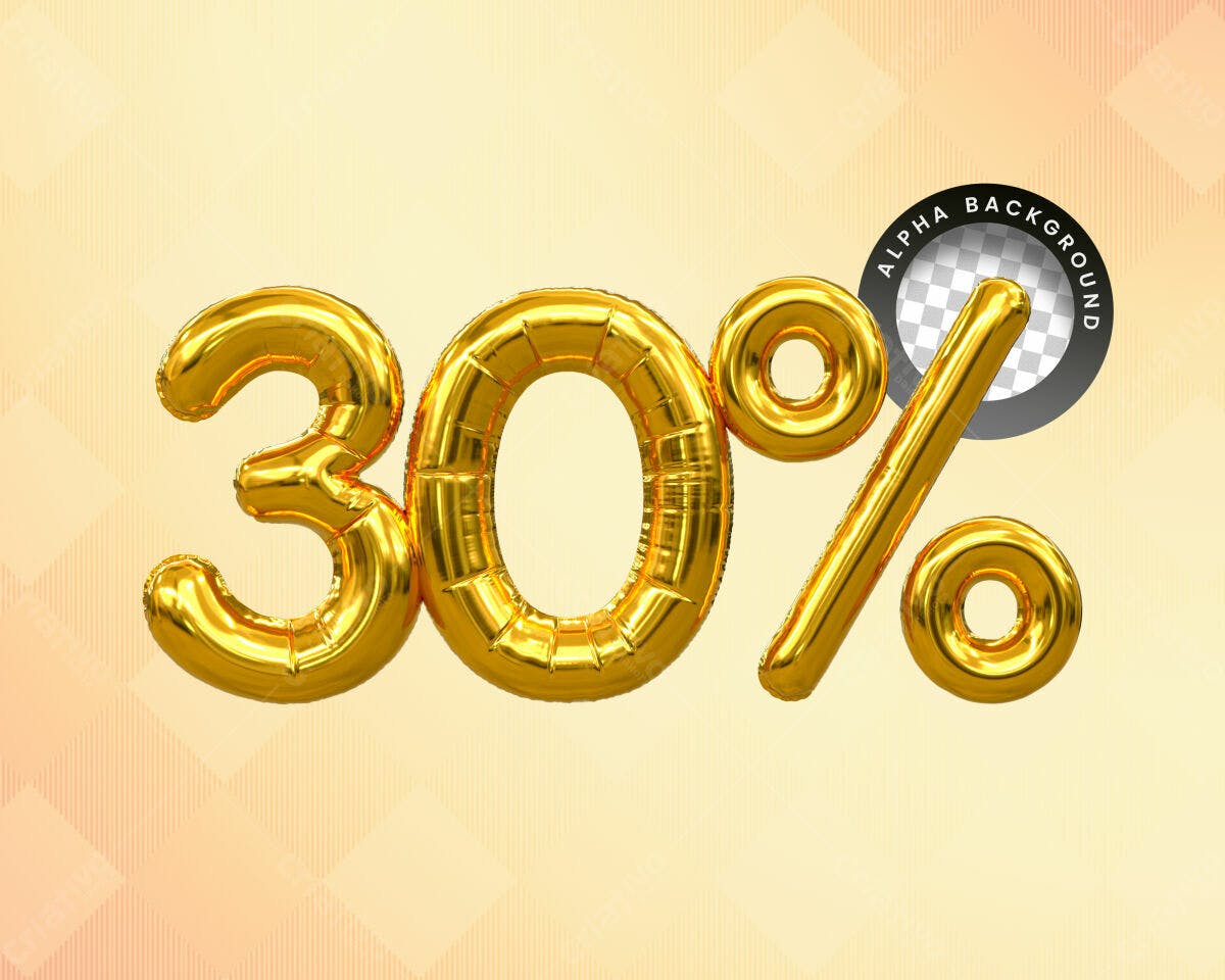 Selo 3D promocional dourado em formato de balão 30%