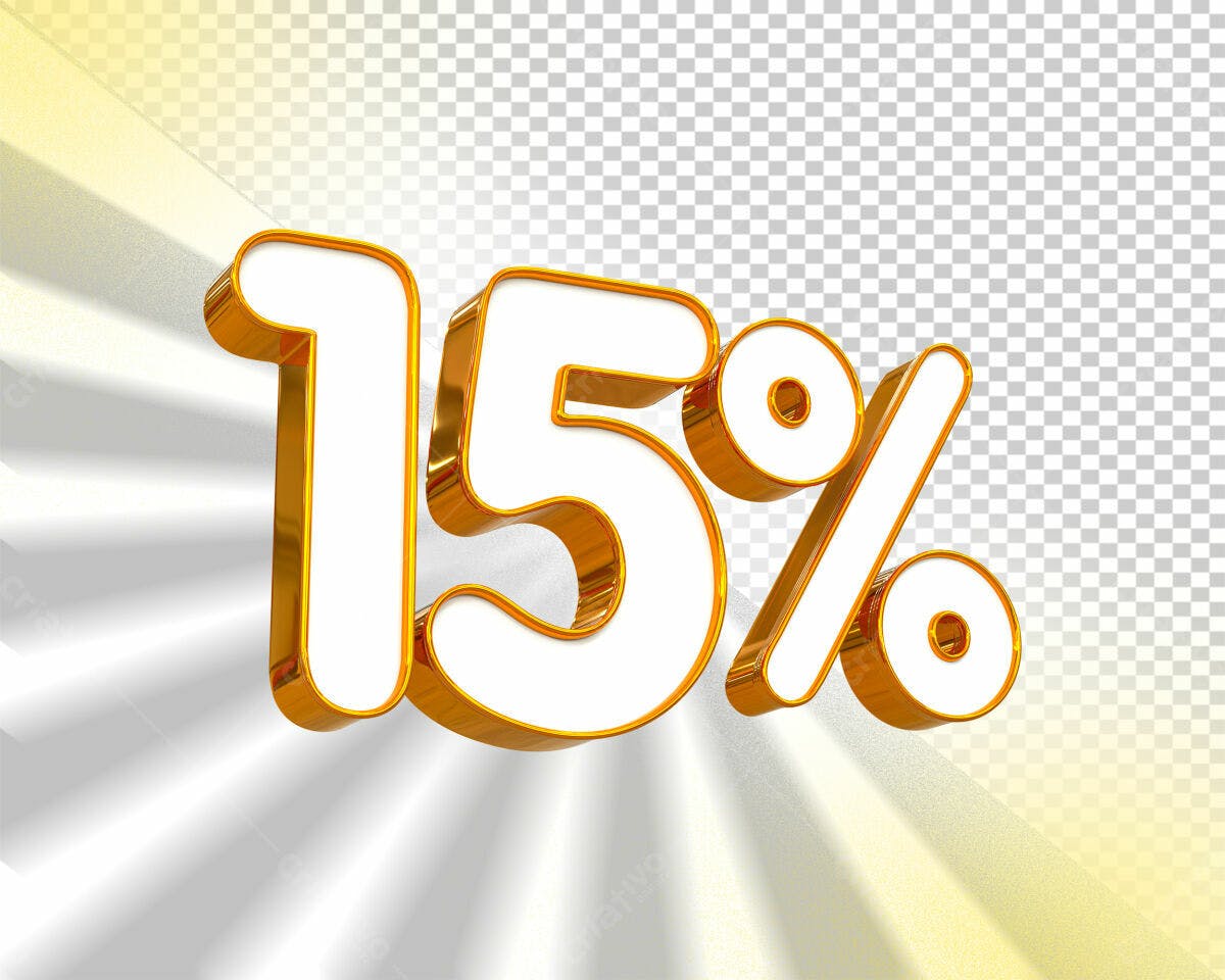Selo 3D promocional dourado e branco 15%