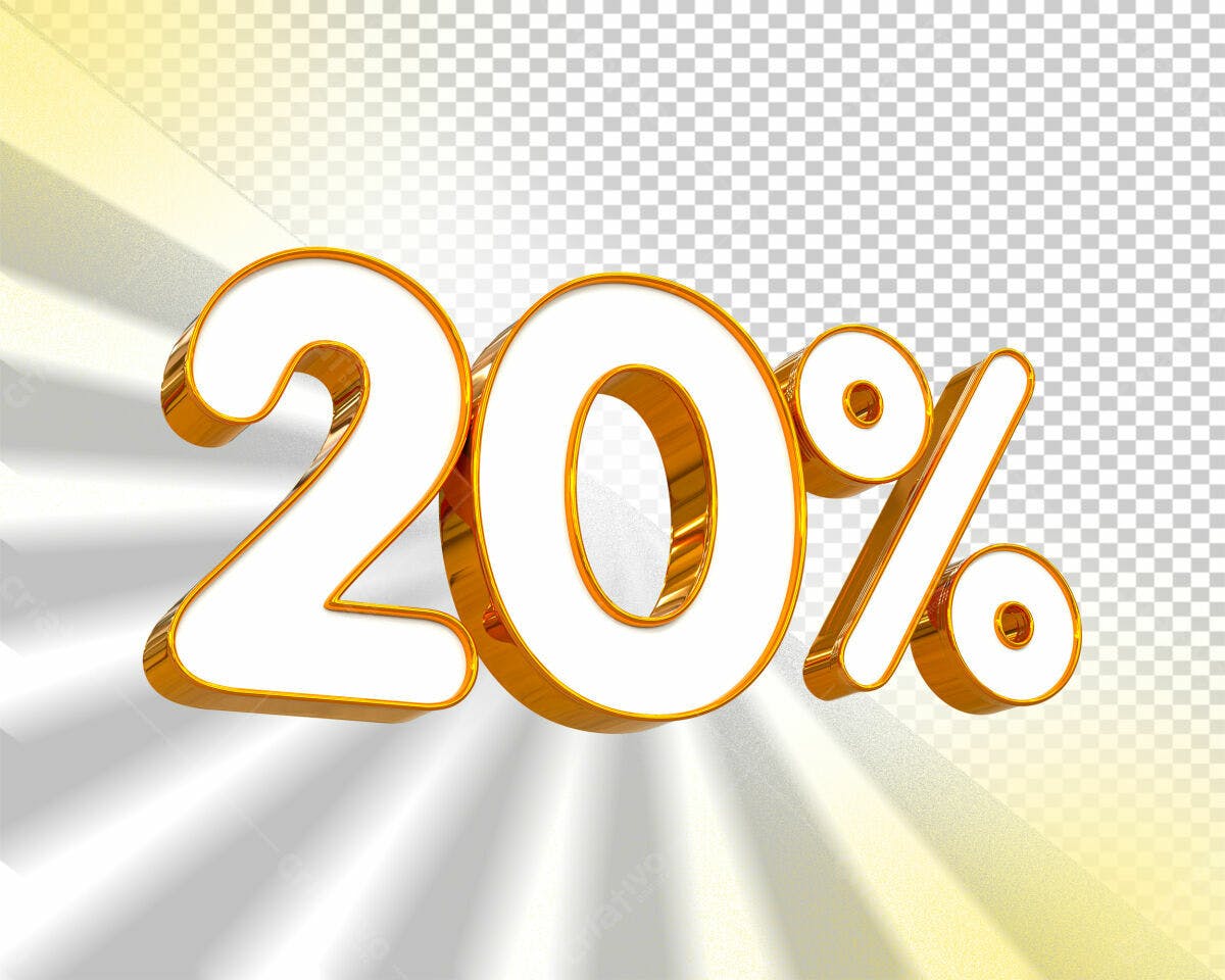 Selo 3D promocional dourado e branco 20%