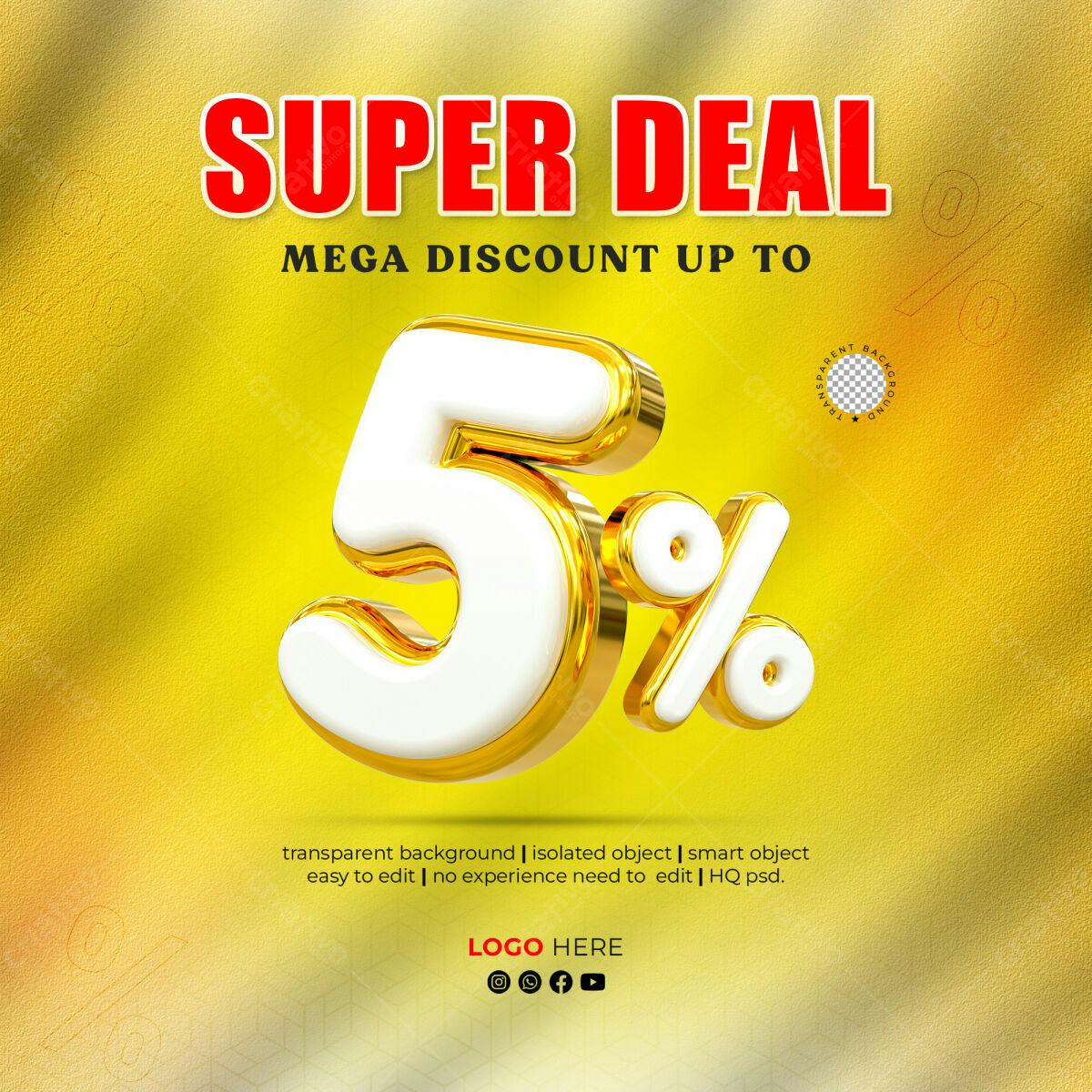 Selo 3D promocional dourado e branco 5%