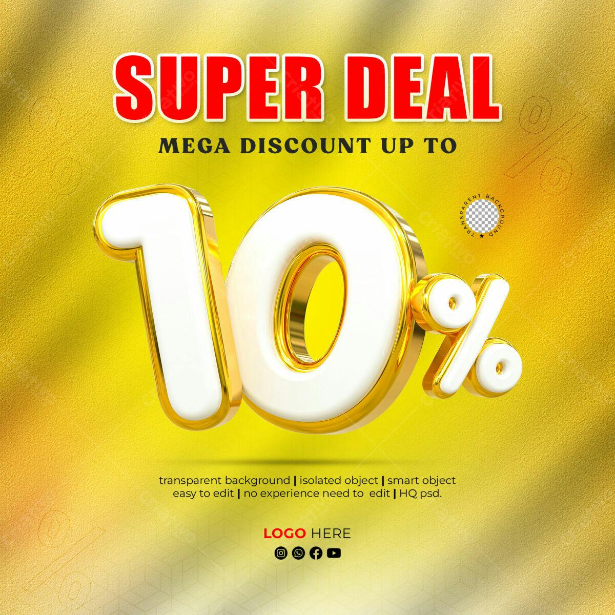 Selo 3D promocional dourado e branco 10%