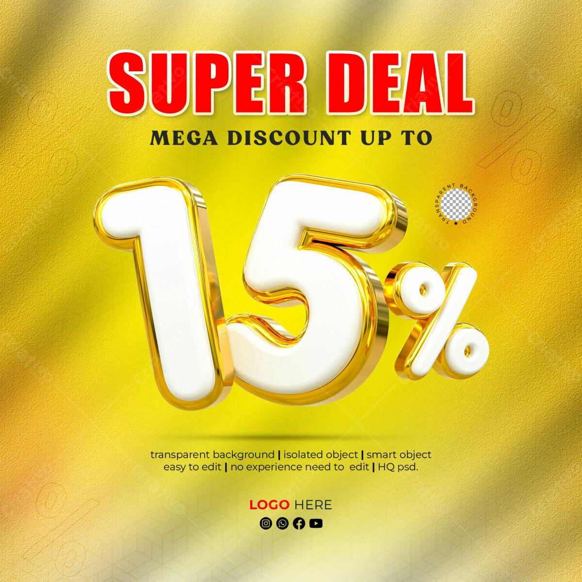 Selo 3D promocional dourado e branco 15%