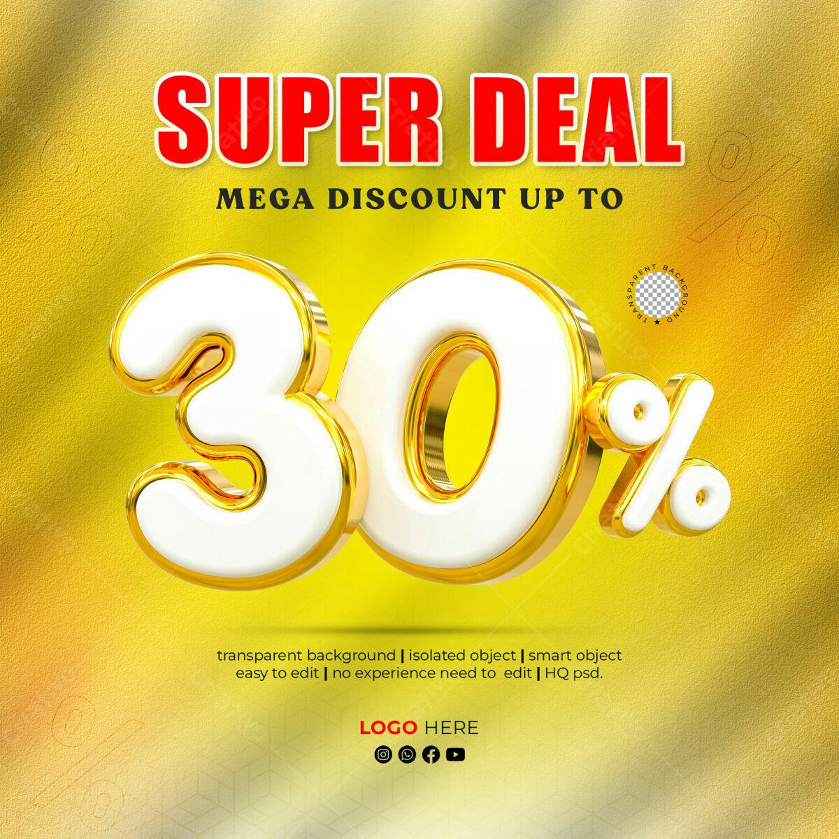 Selo 3D promocional dourado e branco 30%