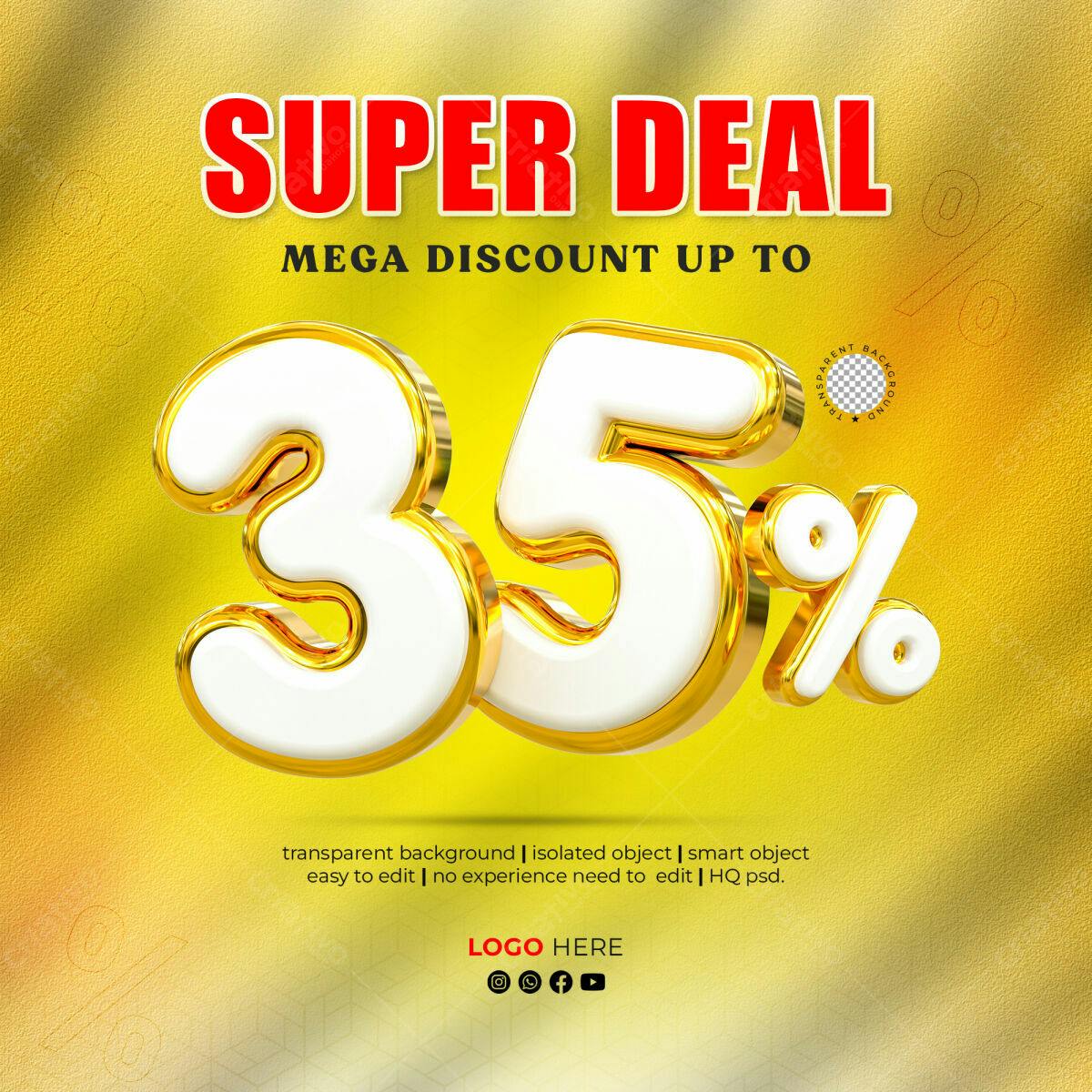 Selo 3D promocional dourado e branco 35%