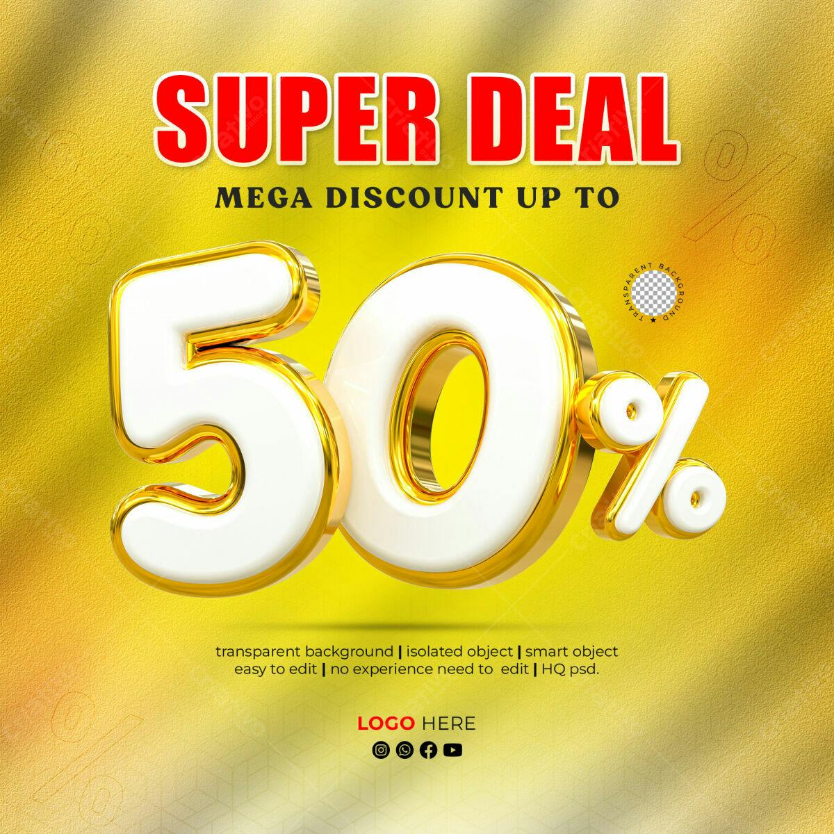 Selo 3D promocional dourado e branco 50%