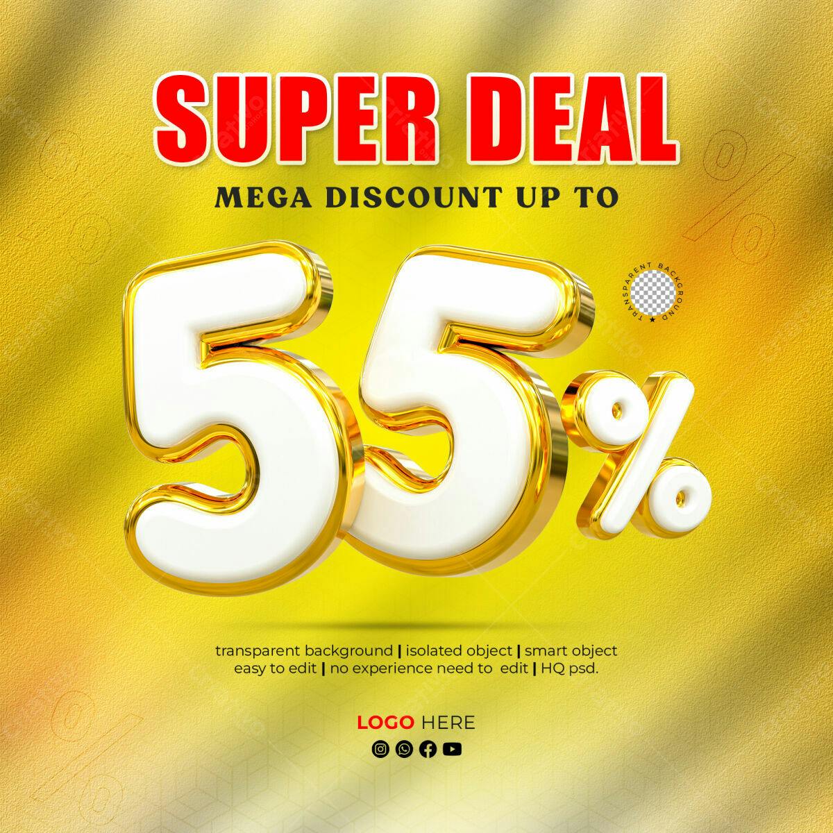 Selo 3D promocional dourado e branco 55%