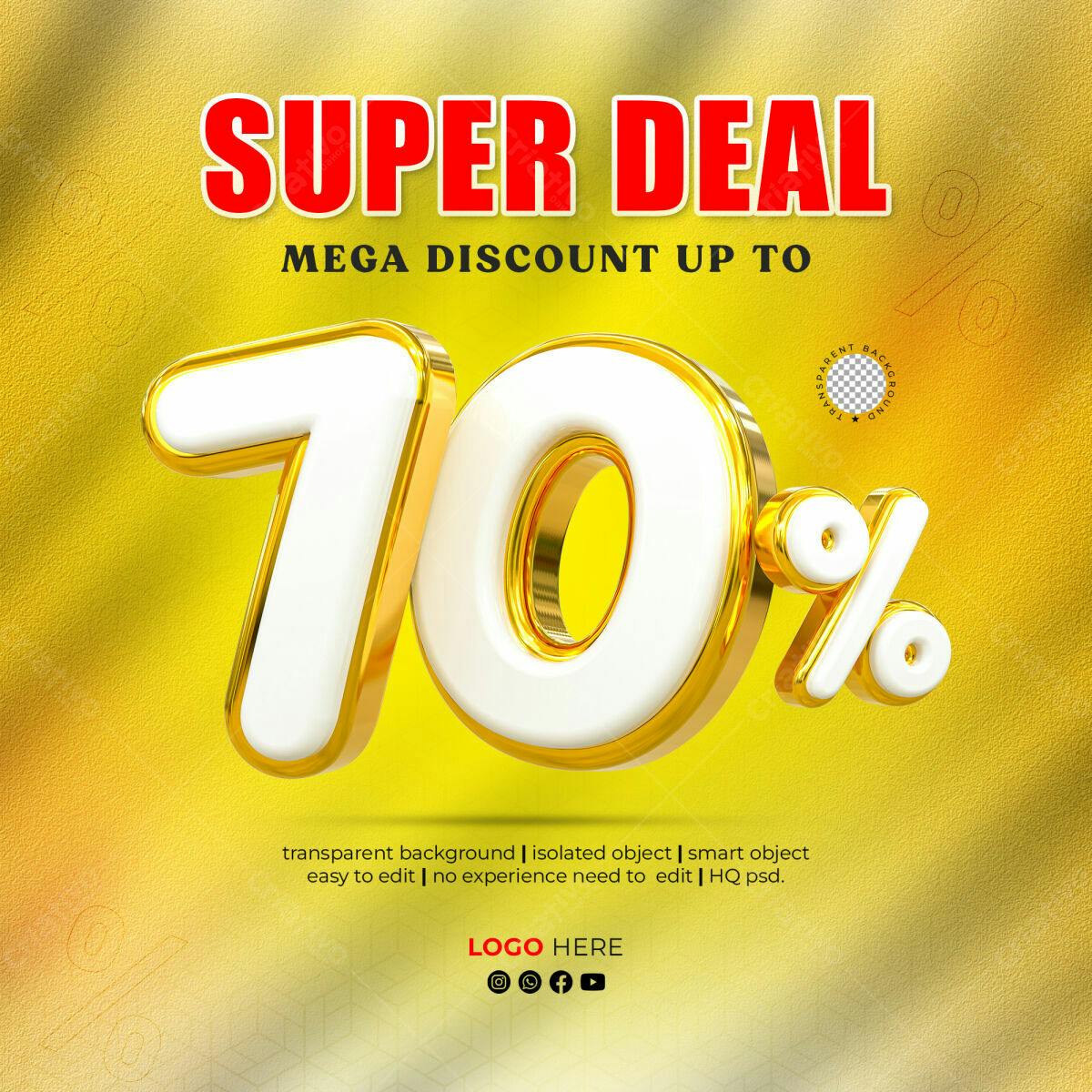 Selo 3D promocional dourado e branco 70%