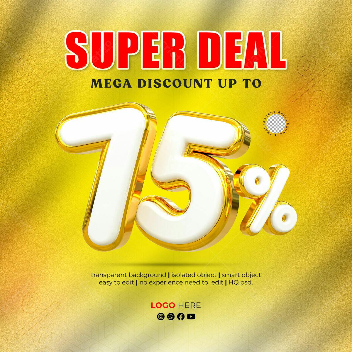Selo 3D promocional dourado e branco 75%