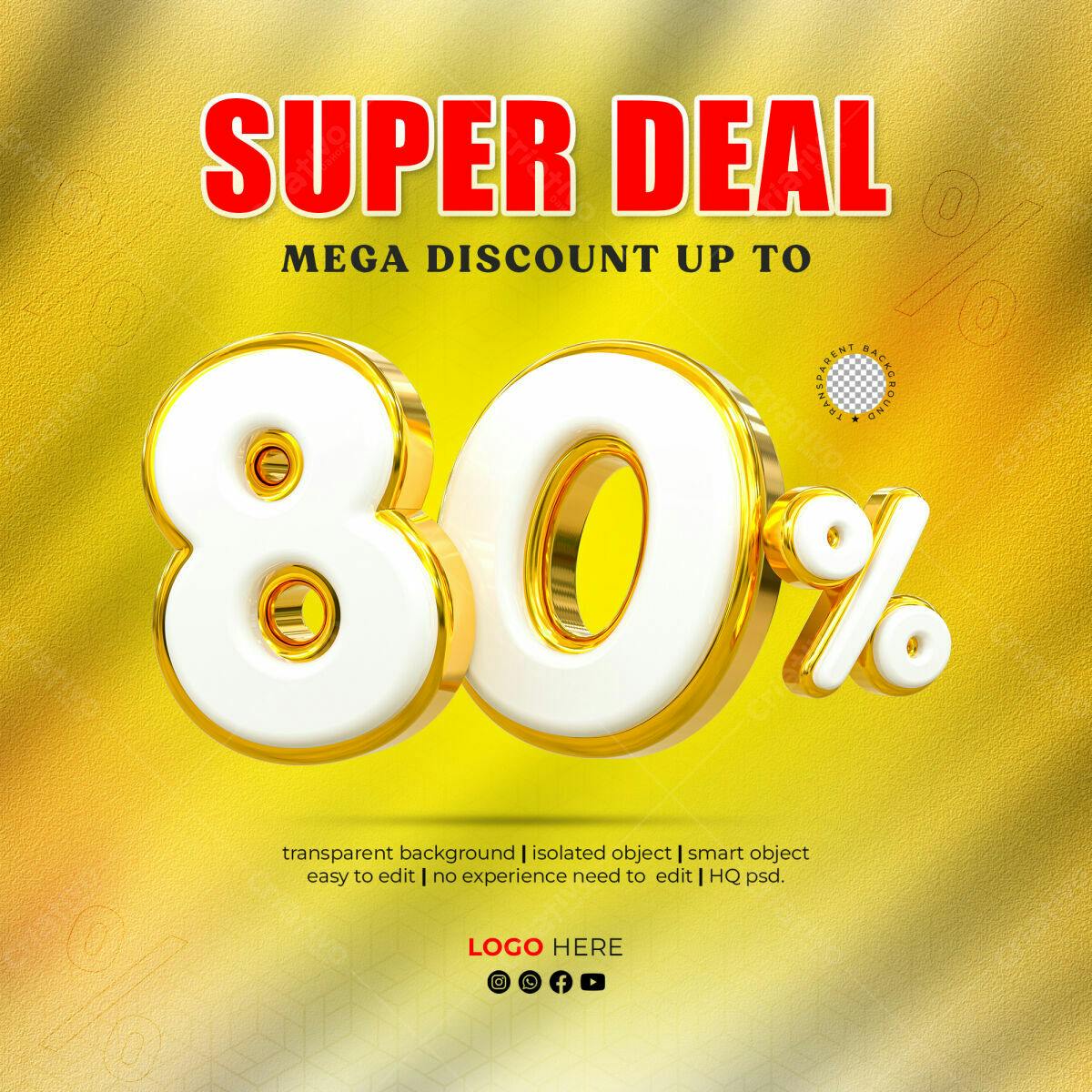 Selo 3D promocional dourado e branco 80%