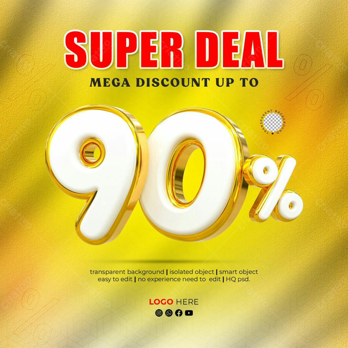 Selo 3D promocional dourado e branco 90%