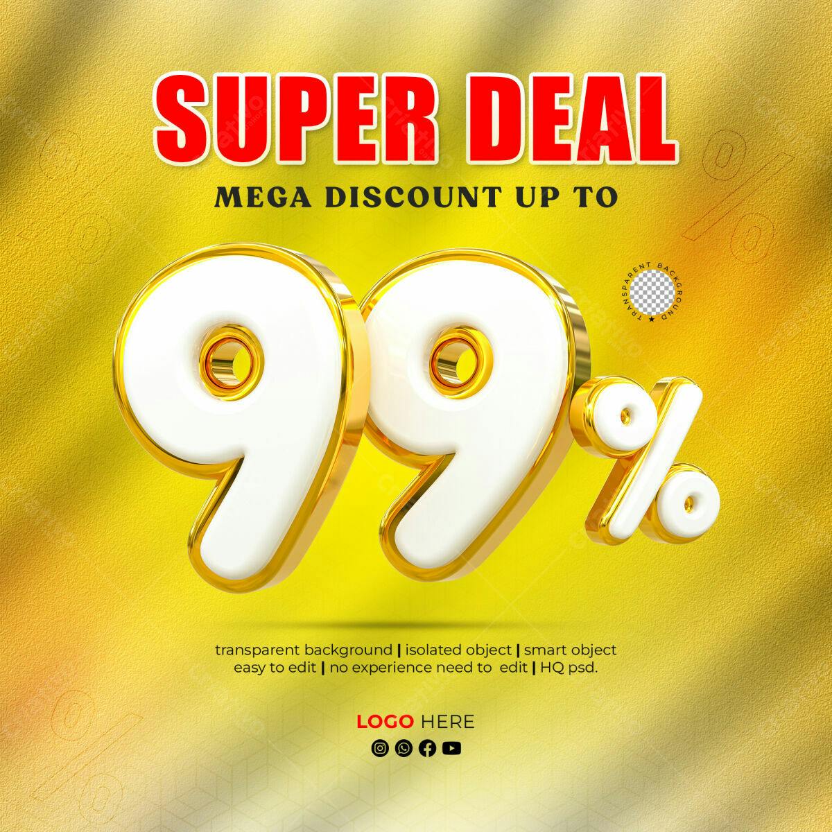 Selo 3D promocional dourado e branco 99%
