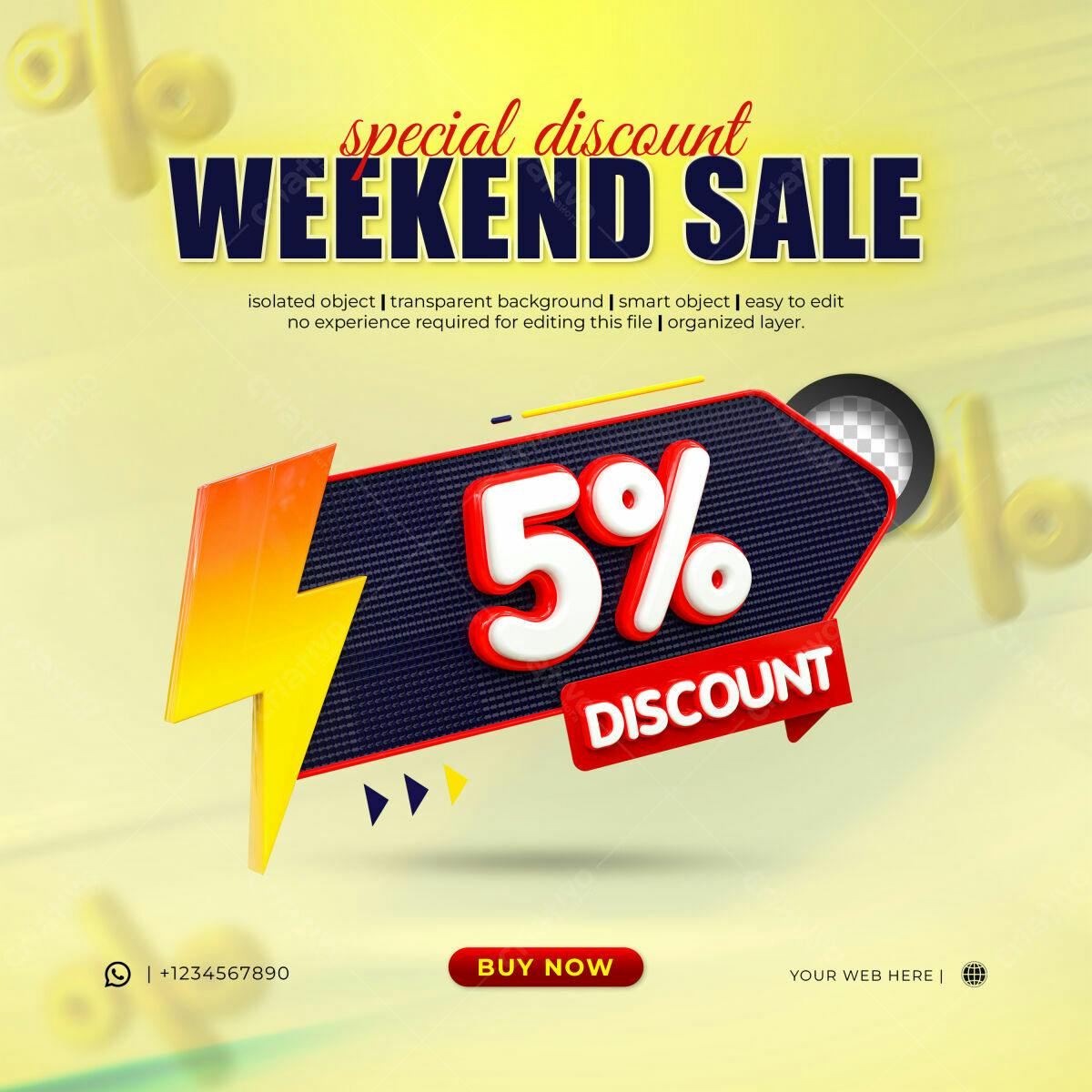 Selo 3D promocional desconto 5% vermelho e branco