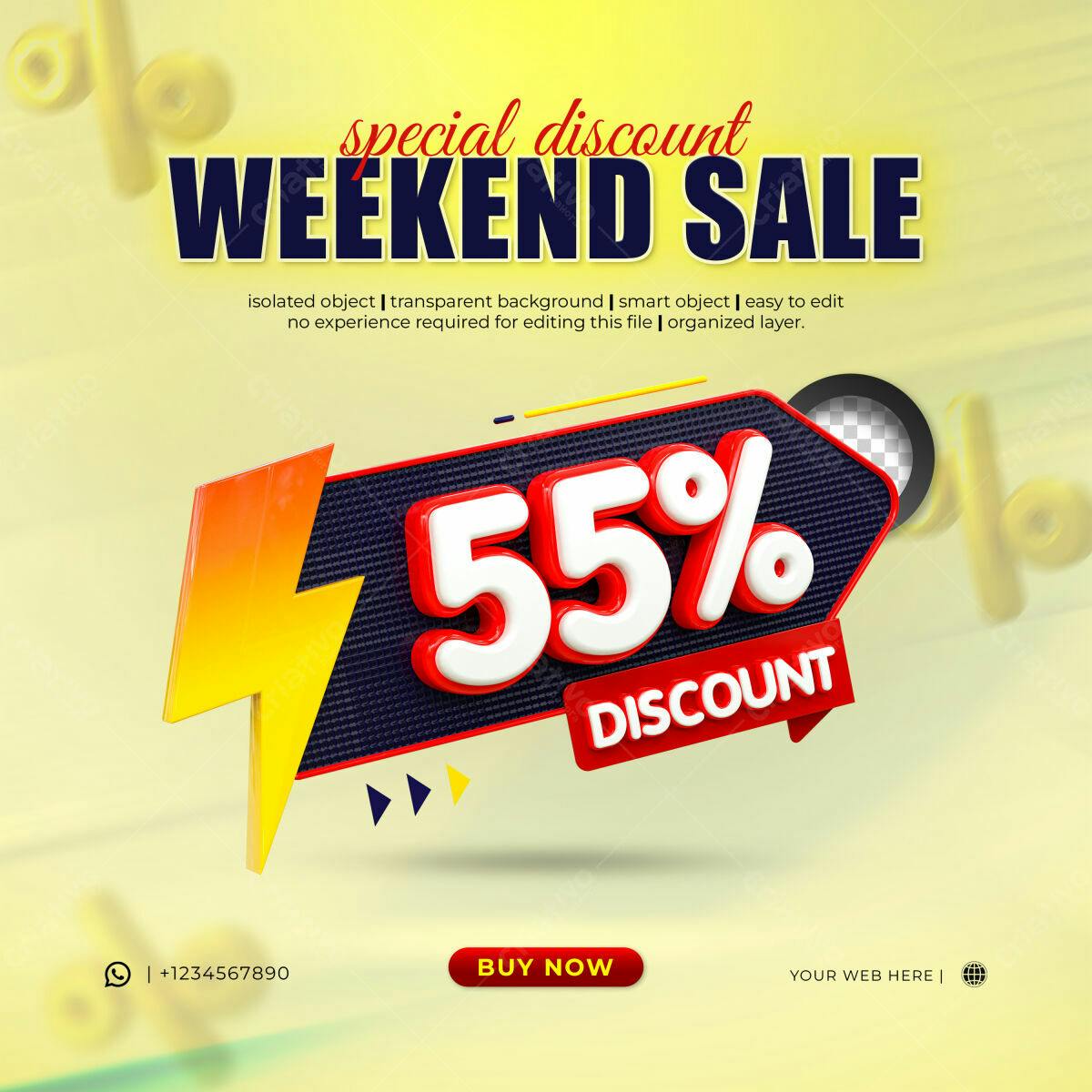 Selo 3D promocional desconto 55% vermelho e branco