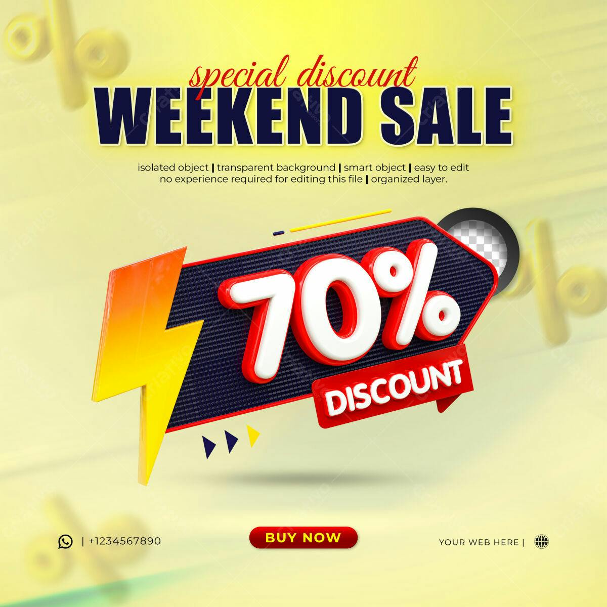 Selo 3D promocional desconto 70% vermelho e branco