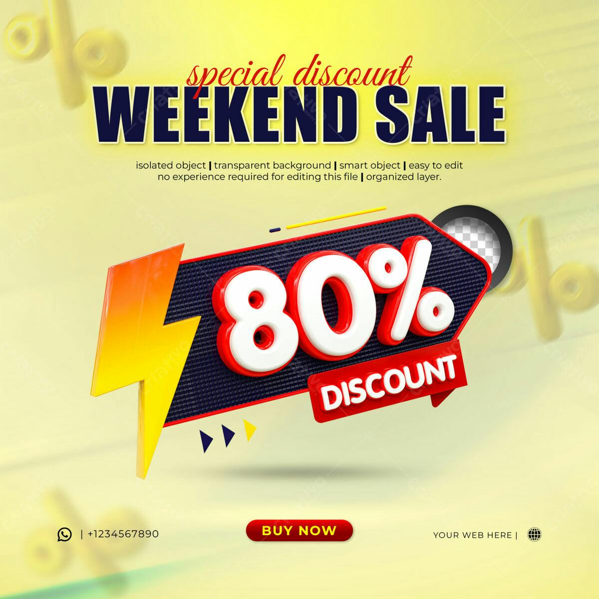 Selo 3D promocional desconto 80% vermelho e branco